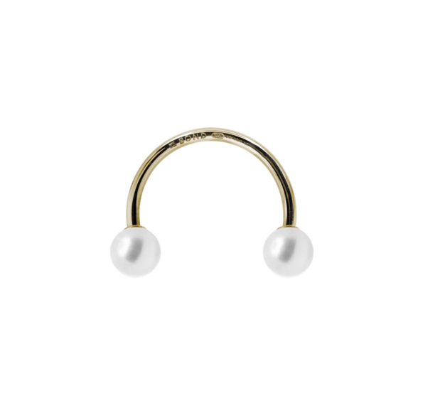 Double 5mm Pearl + 16mm Curved Bar Piercing Earring - PVD Gold