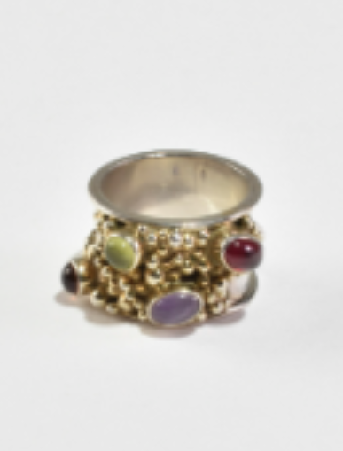 Studded Multi Stone Ring (Sterling Silver, Gold Vermeil, Amethyst, Peridot, Amber, Garnet, Size 6)