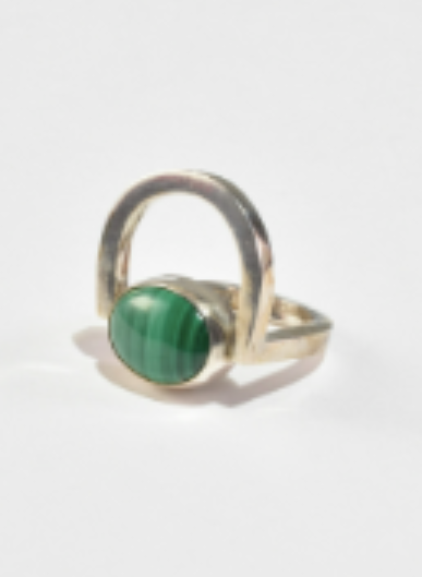 Modernist Malachite Curve Ring  (Sterling Silver, Malachite, Signed by Artist, Size 8.75)