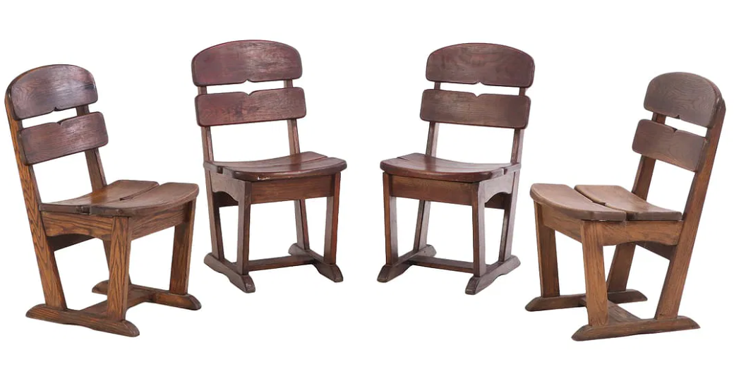Set of 4 Brutalist Oak Chairs; France, 50s